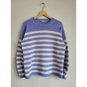 Heyson Womens Striped Knit Sweater Blue White Crew‎ Neck Pullover Large